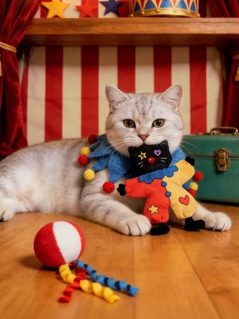Cat beside a plush circus clown and a ribboned ball