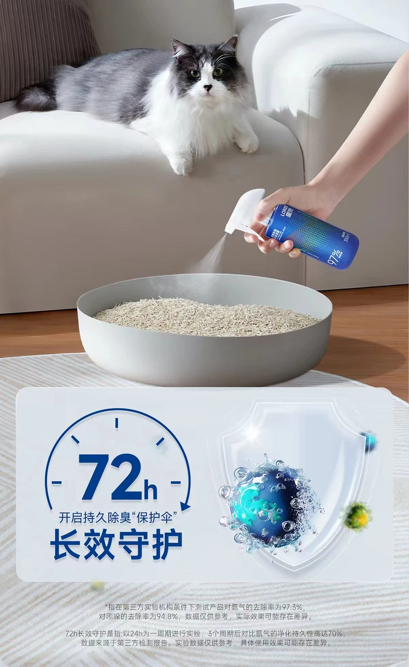 LORDE promotional photograph showing deodorizing spray, a cat and a litter tray