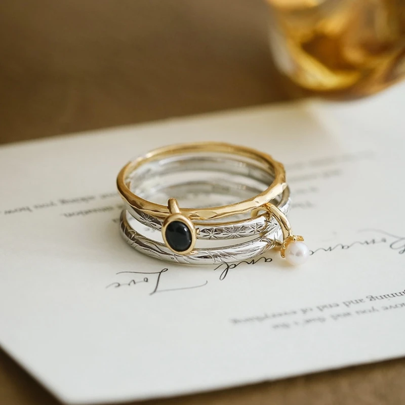 Black agate and pearl stack ring